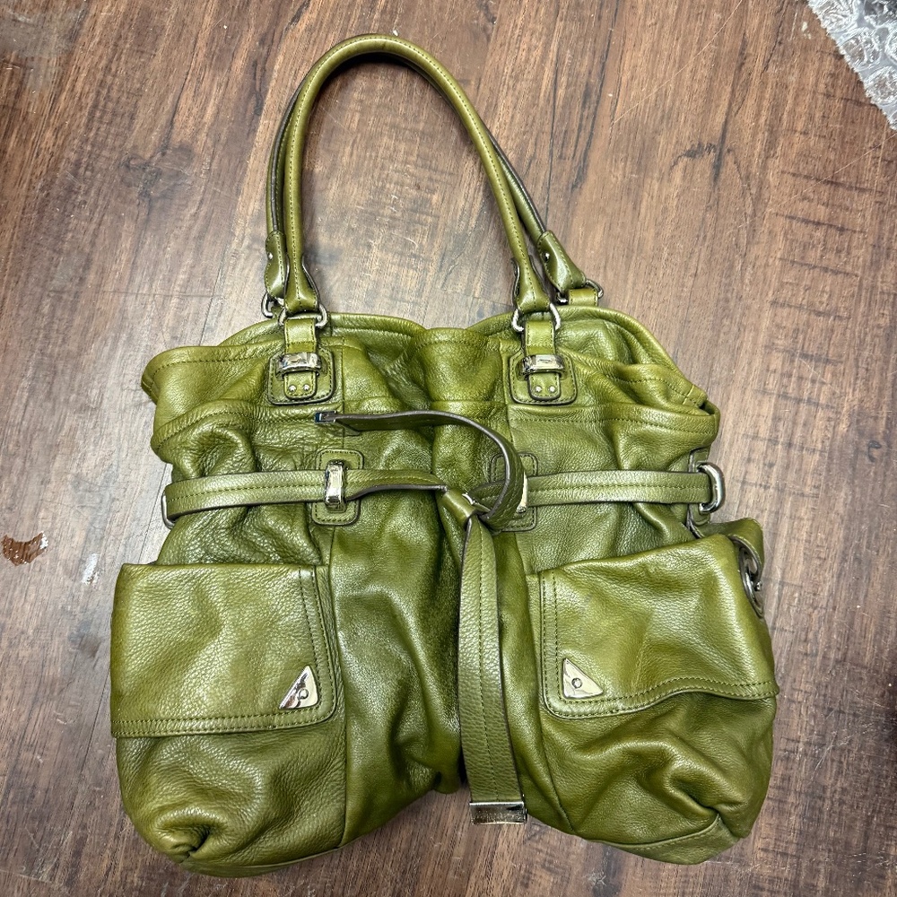 B. Makowsky purse Army Green Pebbled Leather Handbag w/ gold brush Hardware
